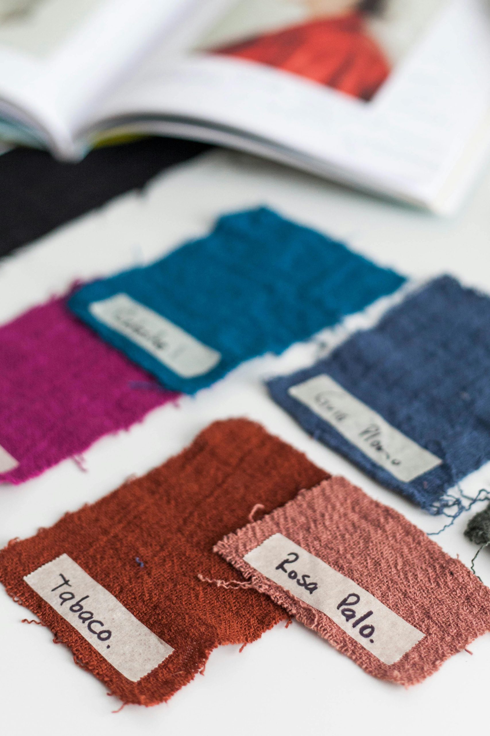 Convocatorias del Museo de Arte Textil Visions: Interpretations 2025 y Members Challenge A collection of colorful fabric swatches labeled for textile design inspiration and creativity.
