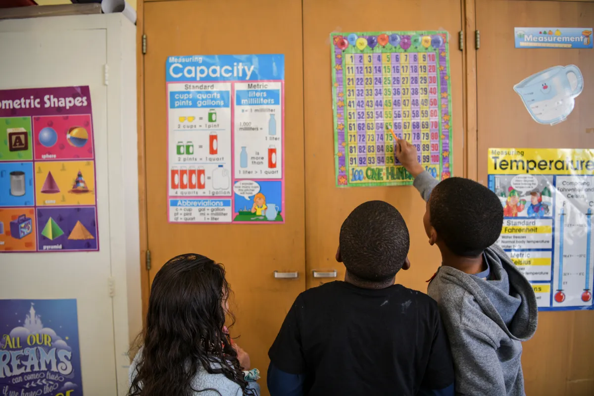 Cómo los drásticos planes de Trump para la educación primaria y secundaria podrían cambiar las escuelas de California Niños observan una tabla con números