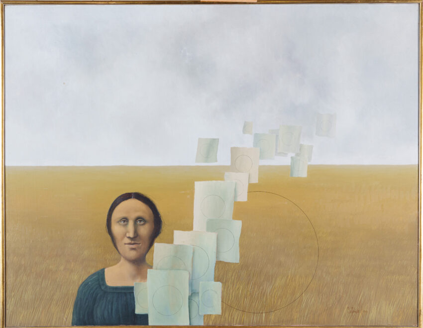 pintura de una mujer y hojas de papel