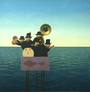 Alfredo Castaneda_Musica callada músicos tocan sobre el mar, pintura
