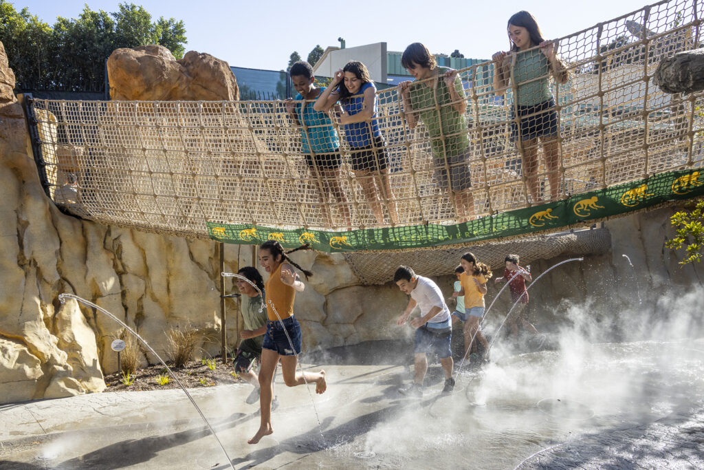 Niños jugando en parque con agua